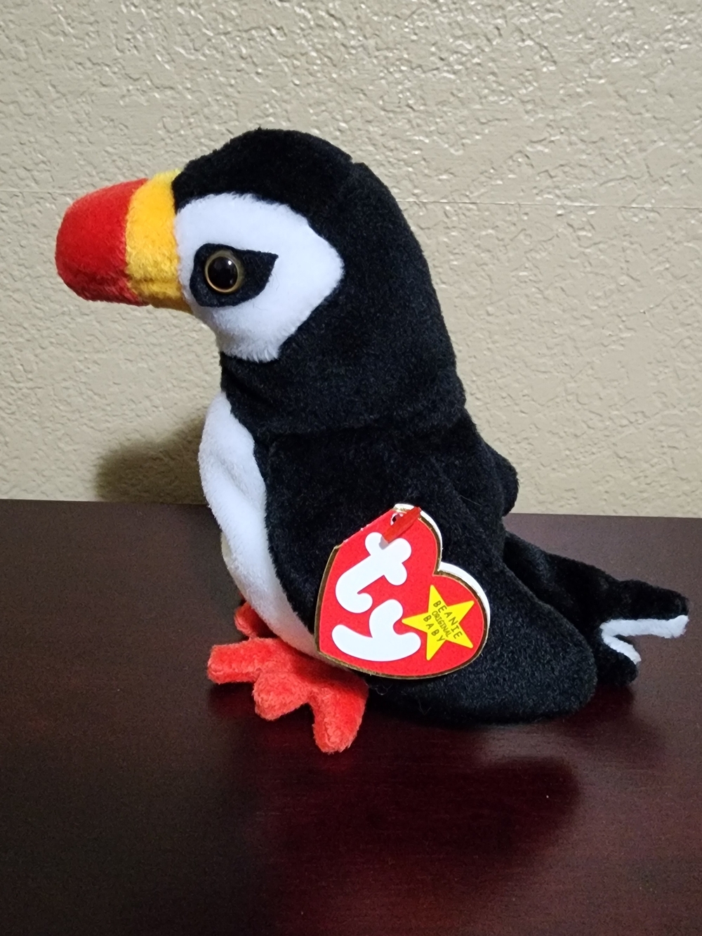 TY Beanie Baby Black and White Puffin Plush - Black, White, Red, Yellow